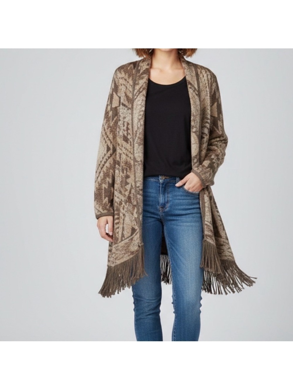 Lucky Neutral Boho Folk Aztec Western Fringe Open Front Cardigan size small